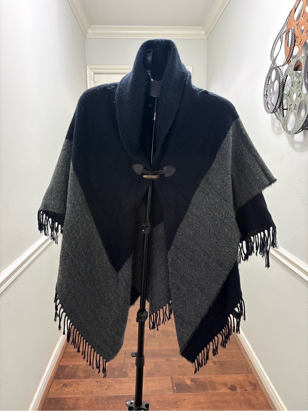 Ann Taylor Black & Charcoal Fringe Poncho Cape